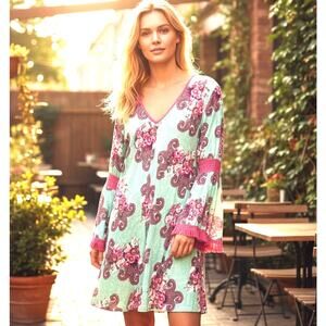 Mini Dress Tunic Green Pink Paisley Crochet Fringe Bell Sleeves SZ LG Velzera